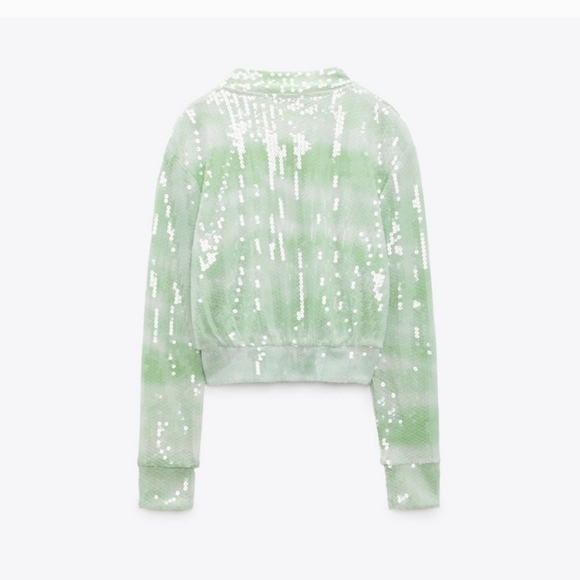 ZARA SEQUINNED TULLE BOMBER JACKET GREENS sz S - Picture 4 of 7